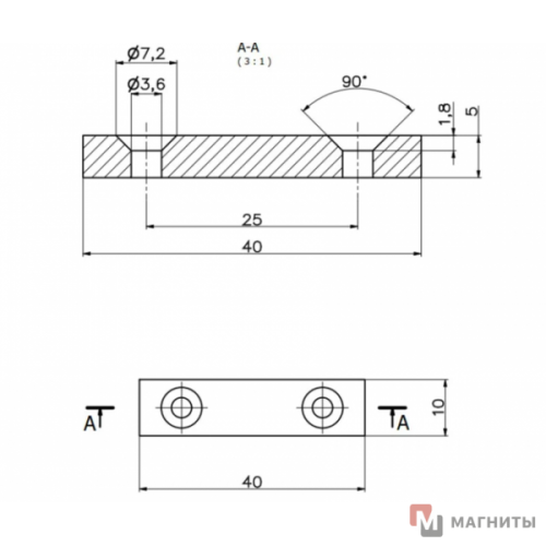 40 x 10 x 5 - 7/3.5 х 2 - Крепежный Магнит