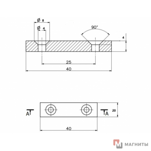 40 x 20 x 4 - 7/3.5 х 2 - Крепежный Магнит