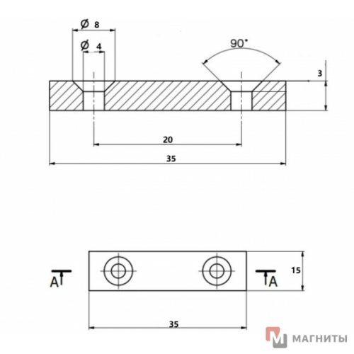 35 x 15 x 3мм- 7,5 / 4.5 х 2 - Крепежный Магнит