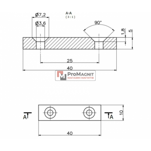 40 x 10 x 5 - 7/3.5 х 2 - Крепежный Магнит